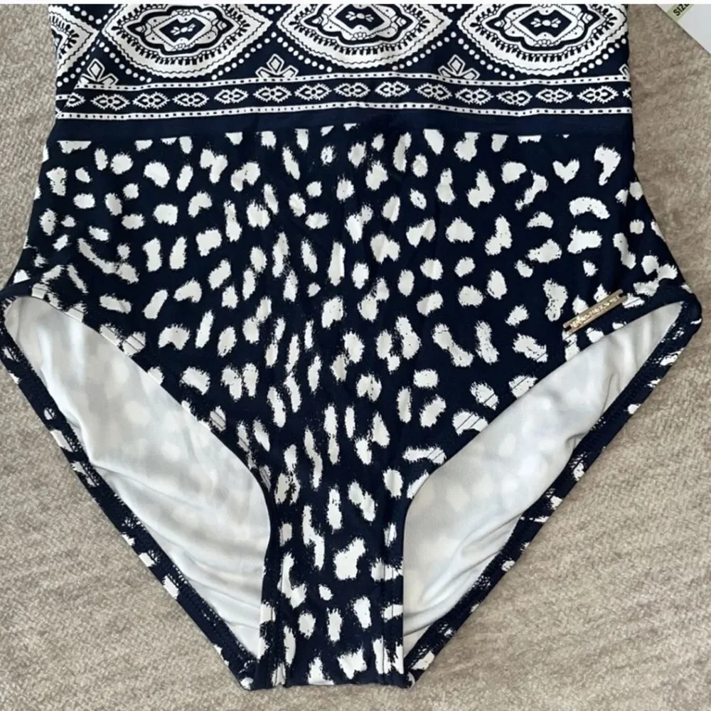 Michael Kors halter Navy/white women's size 10 one piece smooth shaper swimsuit